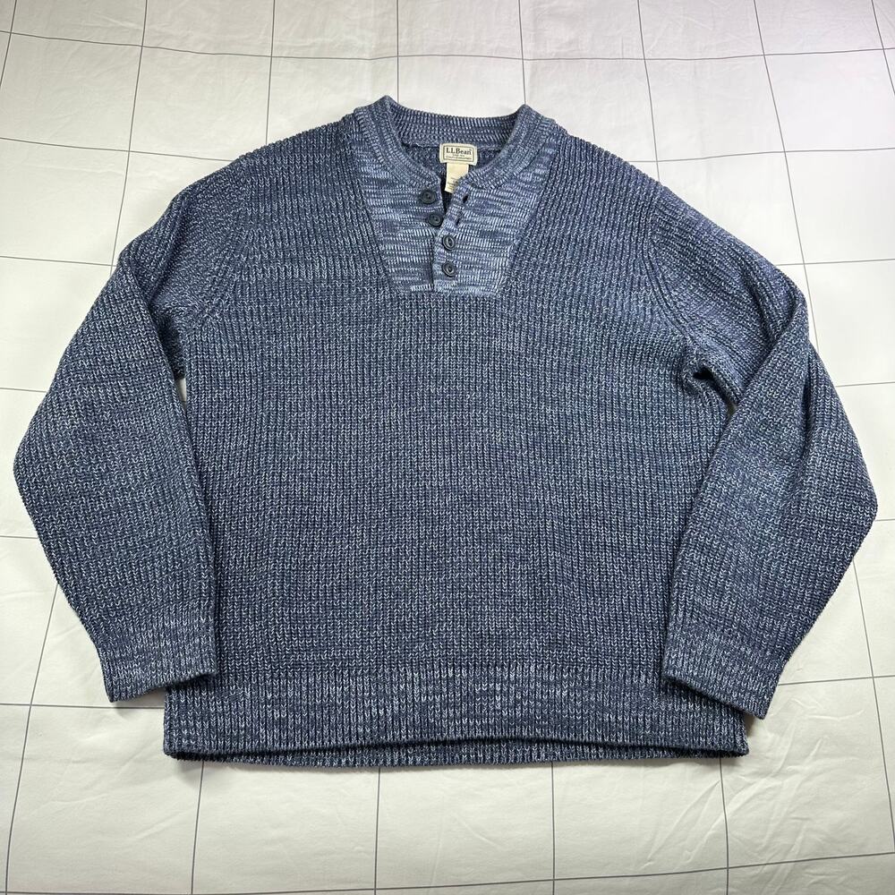 L.L. Bean Sweater Men Large Regular Blue Heavy Henley Cotton Knit Casual Stretch